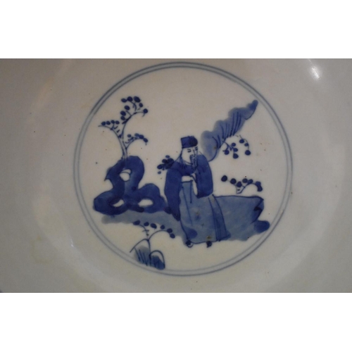 510 - A Chinese blue and white bowl, Kangxi four character mark, painted with alternating panels of figure... 