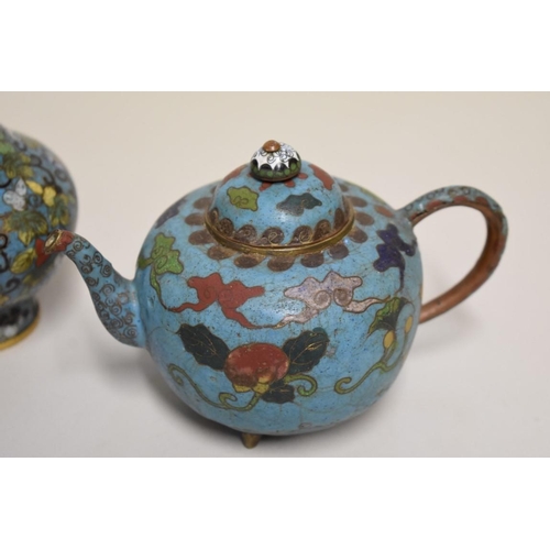 583 - Four Chinese cloisonne enamel items, comprising: a teabowl, possibly Ming, 7.5cm diameter; a ba... 