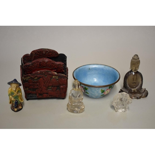 586 - A mixed group of Chinese items, to include: three rock crystal figures, largest 11.5cm high; en... 