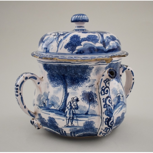 1581 - A rare 18th century tin glazed posset pot and cover, 20.5cm high, (s.d.); together with another 18th... 