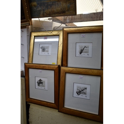 1189 - A set of four pencil signed musical etchings, 8cm x 11cm. 