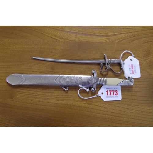 1773 - A miniature RAD dagger and sheath, and a miniature sword letter opener.