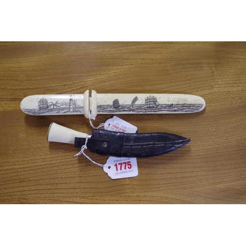 1775 - A miniature Kukri and sheath, 17.5cm; together with a scrimshaw paperknife and sheath, 16cm.... 