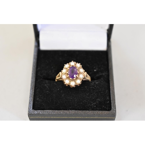 72 - An amethyst and pearl gold ring, hallmarked 9ct, 3.7g total weight.