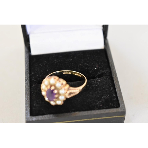 72 - An amethyst and pearl gold ring, hallmarked 9ct, 3.7g total weight.