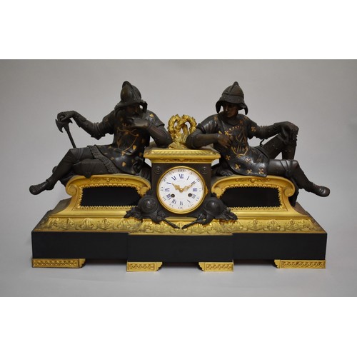 1747 - A large and impressive Napoleon III bronze, ormolu and slate figural mantel clock, the 4in circular ... 