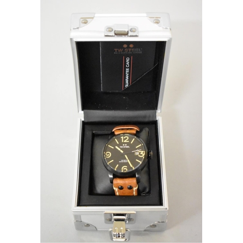 508 - A modern TW Steel Maverick MS31L black coated stainless steel quartz wristwatch, 45mm, on brown leat... 