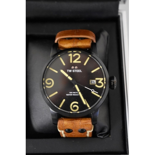 508 - A modern TW Steel Maverick MS31L black coated stainless steel quartz wristwatch, 45mm, on brown leat... 