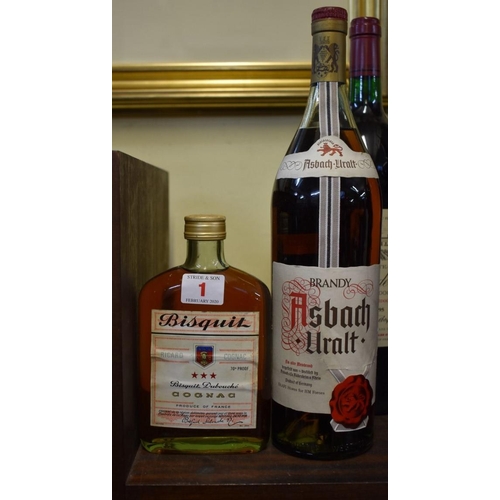 1 - An old half bottle of Bisquit cognac; together with a 1 litre bottle of Asbach Uralt brandy. (2)... 