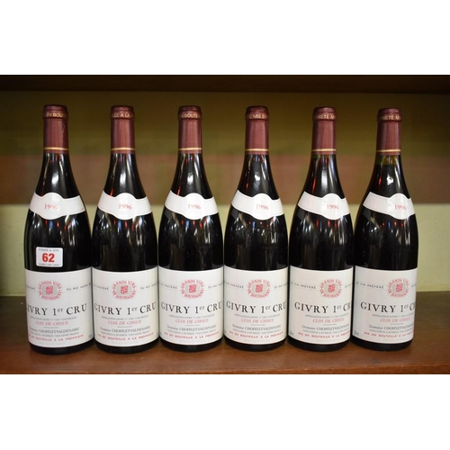 62 - Six 75cl bottles of Givry 1er Cru Clos de Choue, 1996, Chofflet Valdenaire. (6)PLEASE NOTE: ADDITION... 