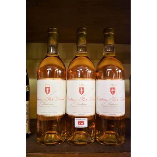 65 - Three 75cl bottles of Chateau Piot David, 1989, Sauternes. (3)