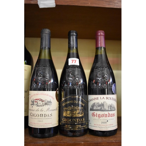 77 - Three 75cl bottles of Gigondas, comprising: 1998, Domaine de Terme; 2000, Domaine la Boussiere; and ... 