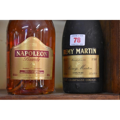 78 - A 24 fl.oz. bottle of Remy Martin VSOP cognac; together with a 1 litre bottle of Napoleon brandy. (2... 