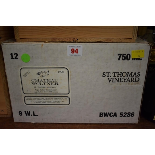 94 - A case of twelve 75cl bottles of Chateau Woltner, St Thomas Vineyard, Chardonnay, 1990, in oc. (12)P... 