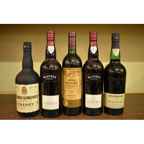 96 - A mixed lot of sherry and wine, comprising: three 75cl bottles of madeira; a solera sherry; and... 