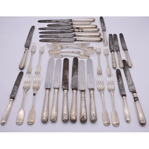 362 - Twelve Georgian silver fiddle pattern dessert and table forks; together with six silver handled... 