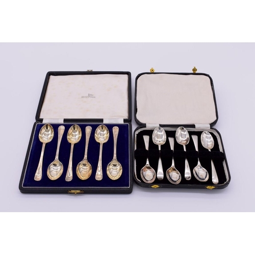 369 - Two cased sets of six silver teaspoons, by Walker & Hall, Sheffield 1949; and Cooper Brothers &a... 