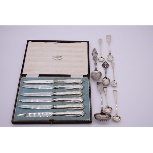 370 - A cased set of six silver Dubarry pattern tea knives, by R F Mosley & Co, Sheffield 1925; togeth... 