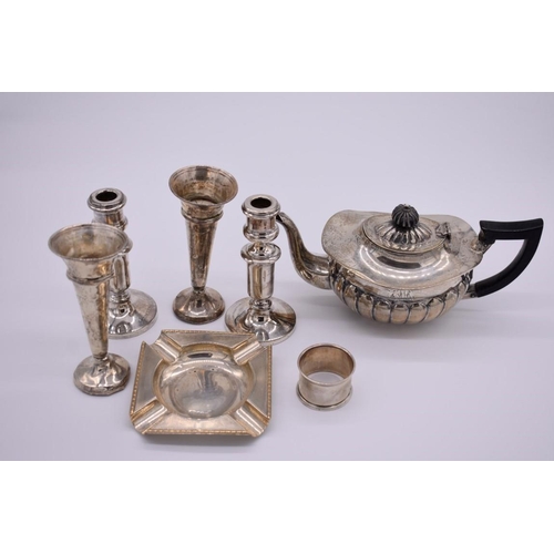 382 - A small group of silver and other items, to include a bachelor's teapot; and a pair of trumpet vases... 