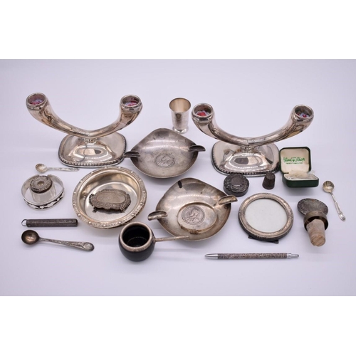 390 - A selection of various silver and silver mounted items, to include, a pair of Celtic bottle holders,... 