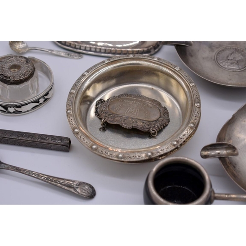 390 - A selection of various silver and silver mounted items, to include, a pair of Celtic bottle holders,... 