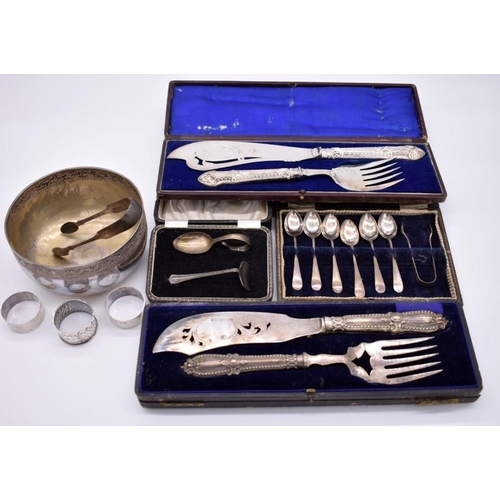 392 - A quantity of silver and silver plated items, to include two Victorian cased sets of electroplated f... 