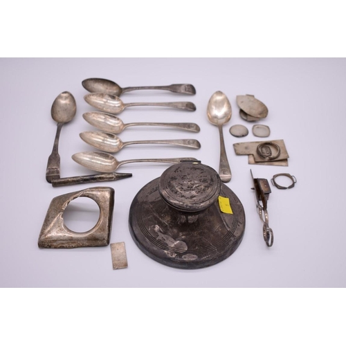 394 - A quantity of silver and other metalware, to include seven silver dessert spoons; and a silver capst... 