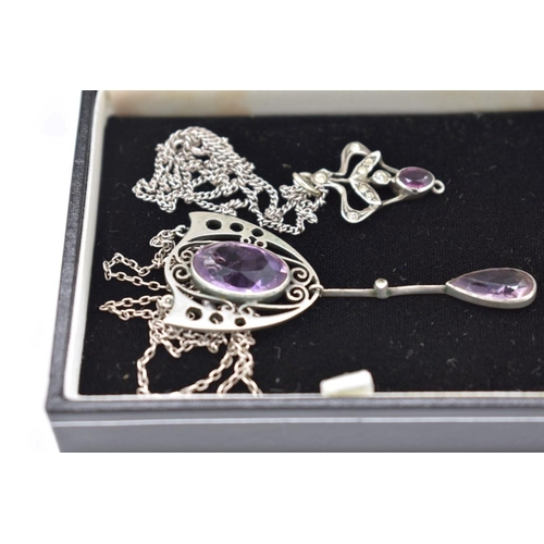 400 - An Arts & Crafts amethyst pendant, unmarked, 6cm long; together with a smaller Continental examp... 