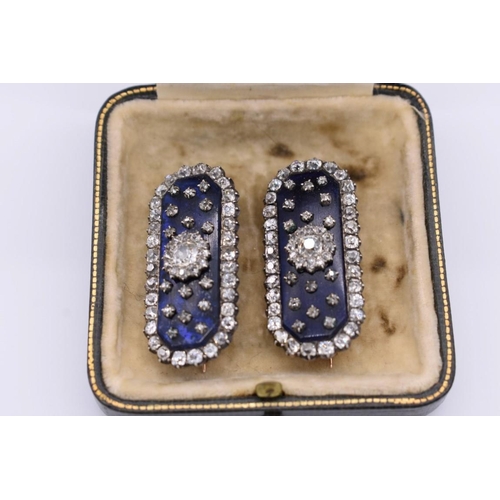 407 - A pair of antique mine cut diamond encrusted and paste brooches, mounted yellow and white metal, 4cm... 