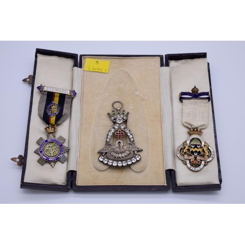 429 - A cased white metal and paste Rose Croix Masonic medal, 6.5cm; together with two silver gilt and ena... 