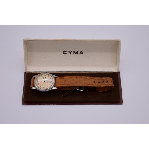 504 - A 1950s Cyma 'Shock Absorber' stainless steel manual wind wristwatch, 34mm, on brown leather strap, ... 