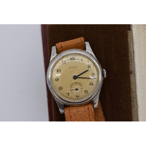 504 - A 1950s Cyma 'Shock Absorber' stainless steel manual wind wristwatch, 34mm, on brown leather strap, ... 