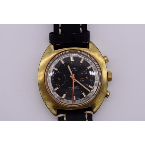 512 - A vintage Avia 'Olympic' gold plated manual wind chronograph wristwatch, 40mm, on replacement leathe... 