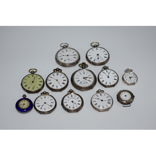 532 - Nine various pocket watches, most stamped fine silver; together with a silver ladies wristwatch; and... 