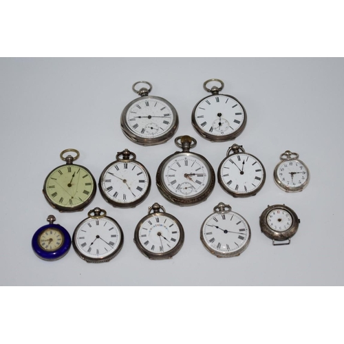 532 - Nine various pocket watches, most stamped fine silver; together with a silver ladies wristwatch; and... 