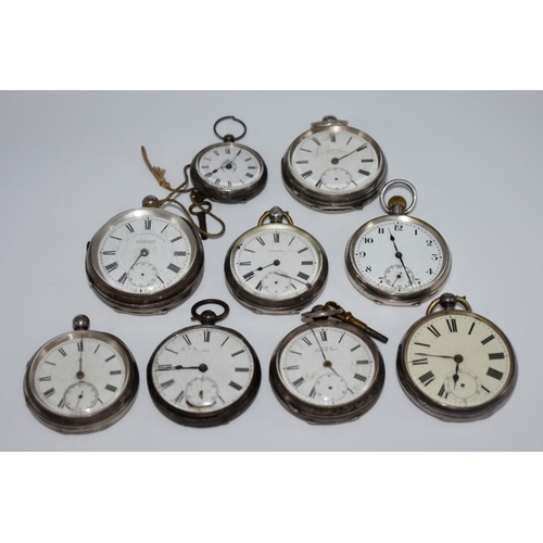 533 - Eight silver cased pocket watches; together with a silver cased fob watch. (9)