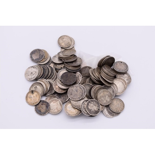 546 - Coins: approximately one hundred and fifty UK silver 3d coins; together with other silver coinage, 2... 