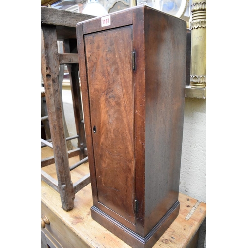 1167 - (HP) An unusually small antique mahogany pillar cupboard, 69.5 x 24cm. 