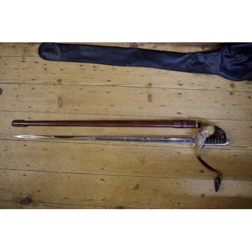 1766 - An Elizabeth II Royal Engineers dress sword and leather scabbard, the 82cm blade inscribed 