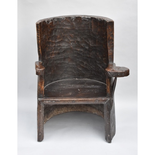 1444 - An interesting oak dug out chair, probably 19th century, àpprox 77cm wide.