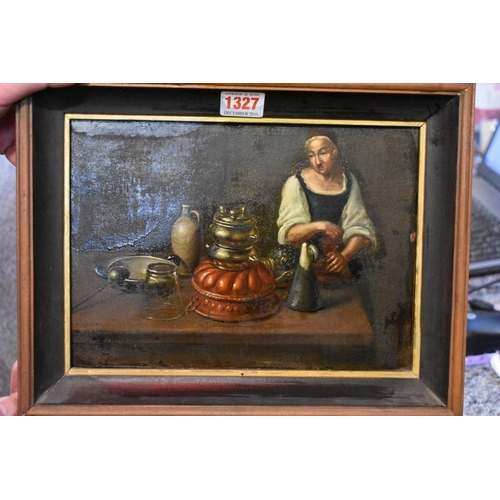 1197 - Manner of Joachim Bueckelaer, kitchen scene, indistinctly signed, oil on copper, 18.5 x 25.5cm.... 