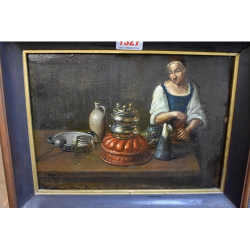 1197 - Manner of Joachim Bueckelaer, kitchen scene, indistinctly signed, oil on copper, 18.5 x 25.5cm.... 