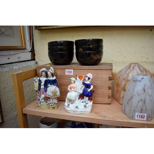 1181 - A set of six Chinese lacquer bowls, 12cm diameter, in pine box; together with two Victorian Stafford... 