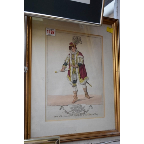 1192 - An antique coloured print of a Shakespearean character, 27 x 21cm.