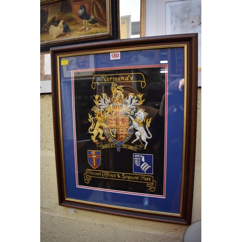 1203 - An embroidered military coat of arms, 38 x 28cm.