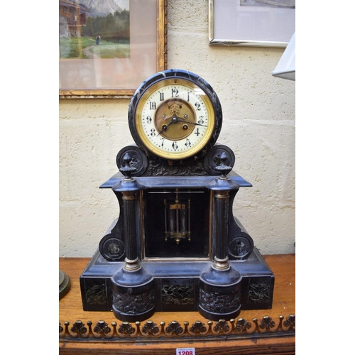 1211 - A late 19th century slate and marble mantel clock, 46cm high, with mercury pendulum.... 