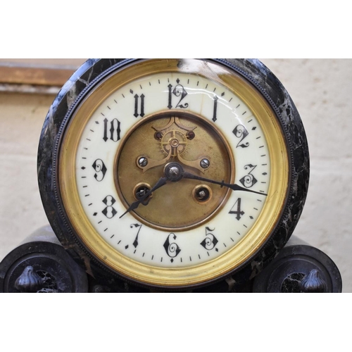 1211 - A late 19th century slate and marble mantel clock, 46cm high, with mercury pendulum.... 