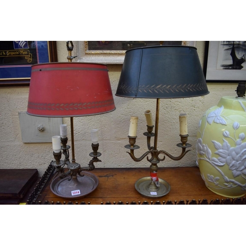 1214 - Two Bouillotte style brass three branch table lamps. 