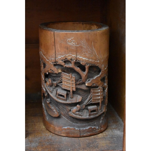 1218 - A Chinese bamboo brush pot; together with a Chinese carved wood horse; another Chinese carved wood f... 