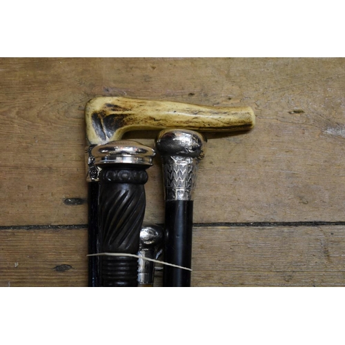 1886 - Three silver mounted and ebonized canes; together with a similar antler handled stick.  ... 